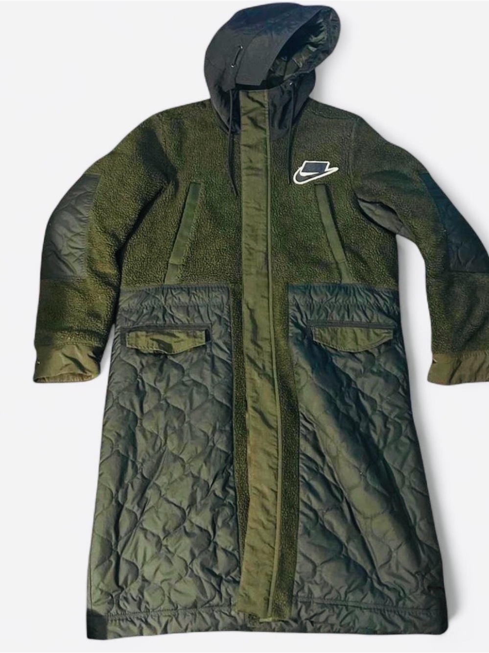 Nike Kids Olive Green Quilted & Fleece Hooded Puffer Coat